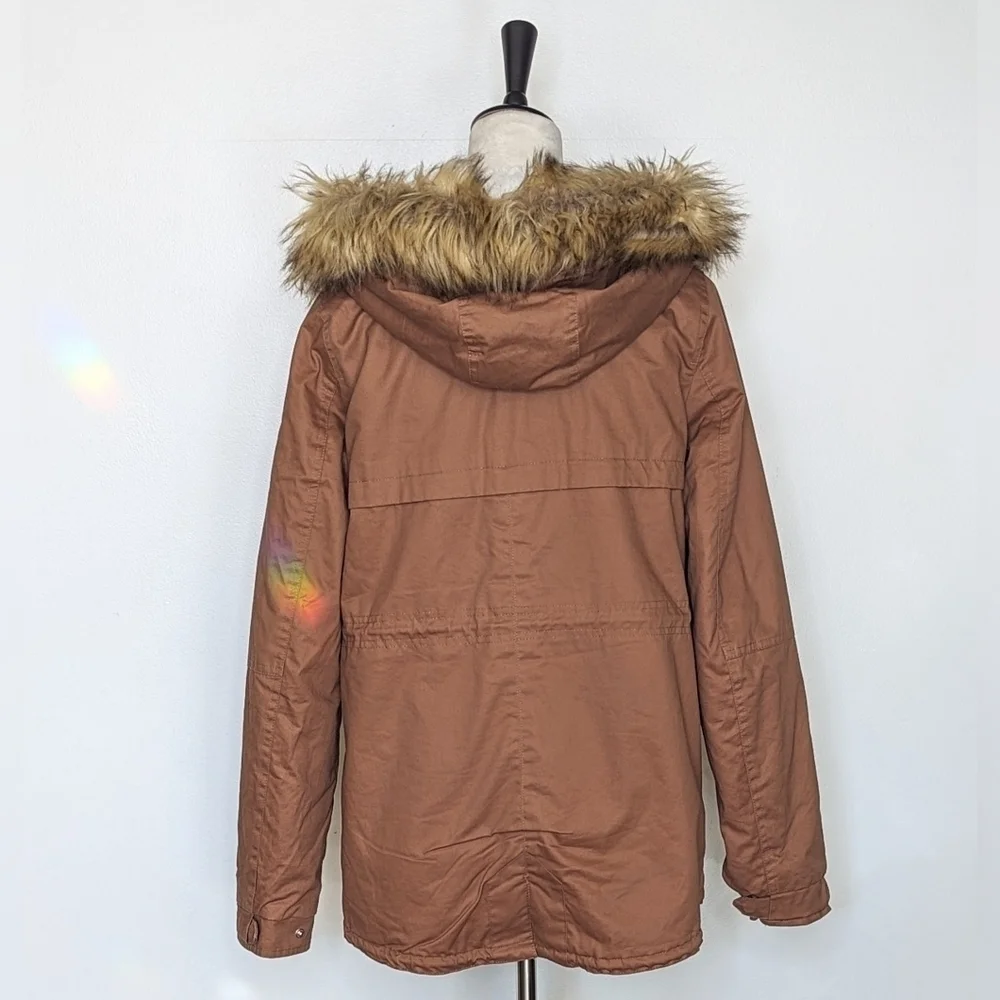 Love Tree Boutique Brown Faux Fur Trimmed Hood Sherpa Lined Jacket Coat Small - Picture 6 of 13